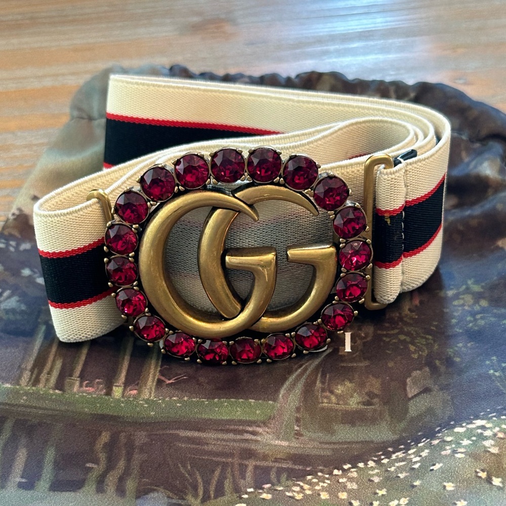 💯 Authentic Gucci Canvas Crystal Embellishments Adjustable Belt